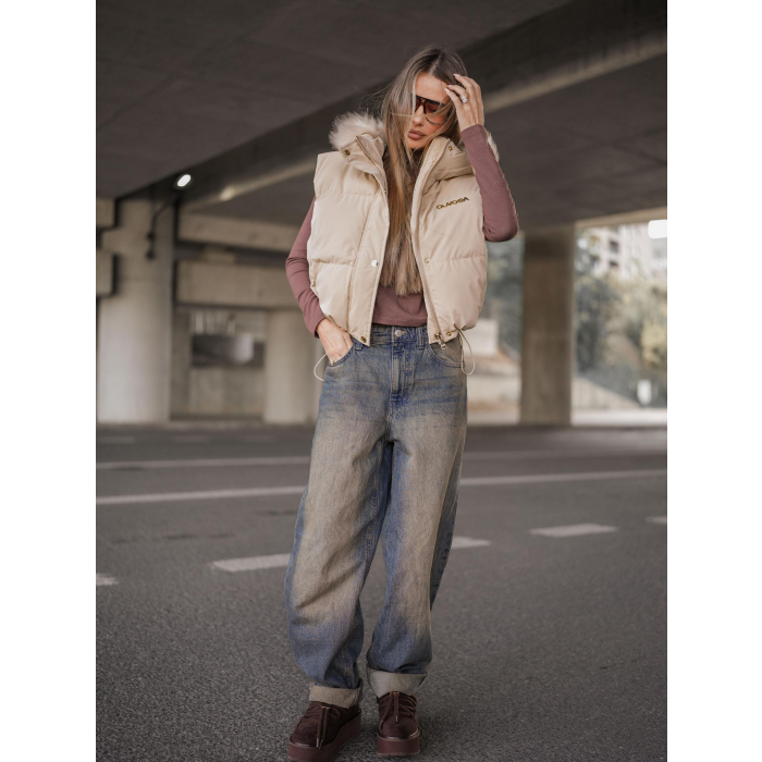 KURTKA BEZRĘKAWNIK KAMIZELKA OVERSIZE OLAVOGA SIERY BEIGE