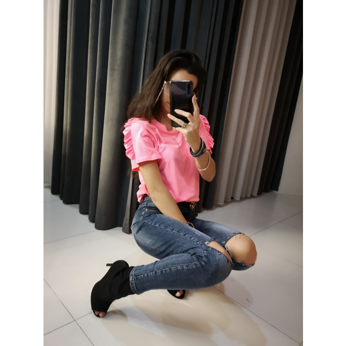 BLUZKA T-SHIRT FRILL NEON PINK