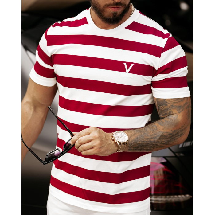 BLUZKA T-SHIRT MĘSKI W PASKI KVO WHITE-BORDO