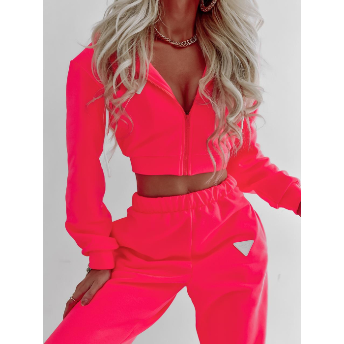 KOMPLET DRES BAWEŁNIANY Z ROZPINANĄ BLUZĄ HALLIE NEON PINK