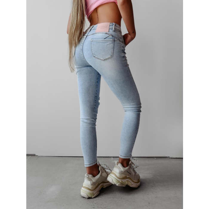 SPODNIE JEANSOWE CHLAPANE FARBĄ SKINNY CALIS BLUE