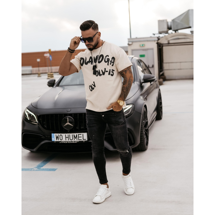 BLUZKA T-SHIRT MĘSKI OVERSIZE PRINT OLAVOGA MEN DRIP BEIGIE
