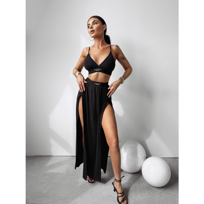 KOMPLET 2 CZĘSCIOWY CROP TOP + SPÓDNICA MAXI Z ROZCIĘCIAMI OLAVOGA BORNEO BLACK