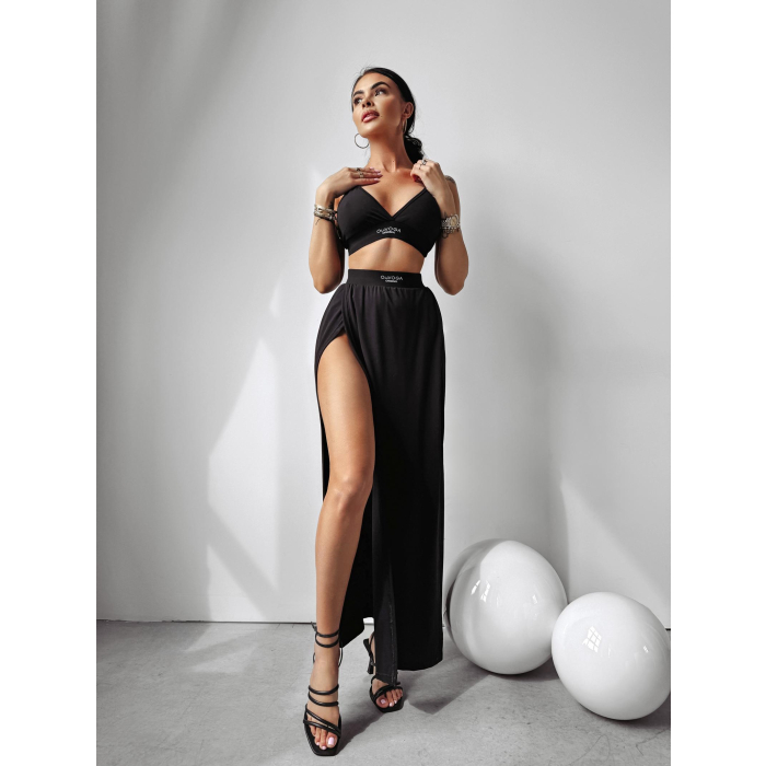 KOMPLET 2 CZĘSCIOWY CROP TOP + SPÓDNICA MAXI Z ROZCIĘCIAMI OLAVOGA BORNEO BLACK
