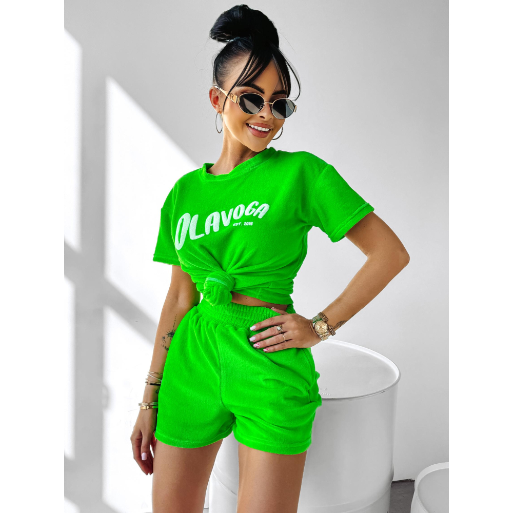 KOMPLET DRES BAWEŁNIANY WELUR DAMSKI Z KRÓTKIMI SPODENKAMI OLAVOGA COUTURE GREEN