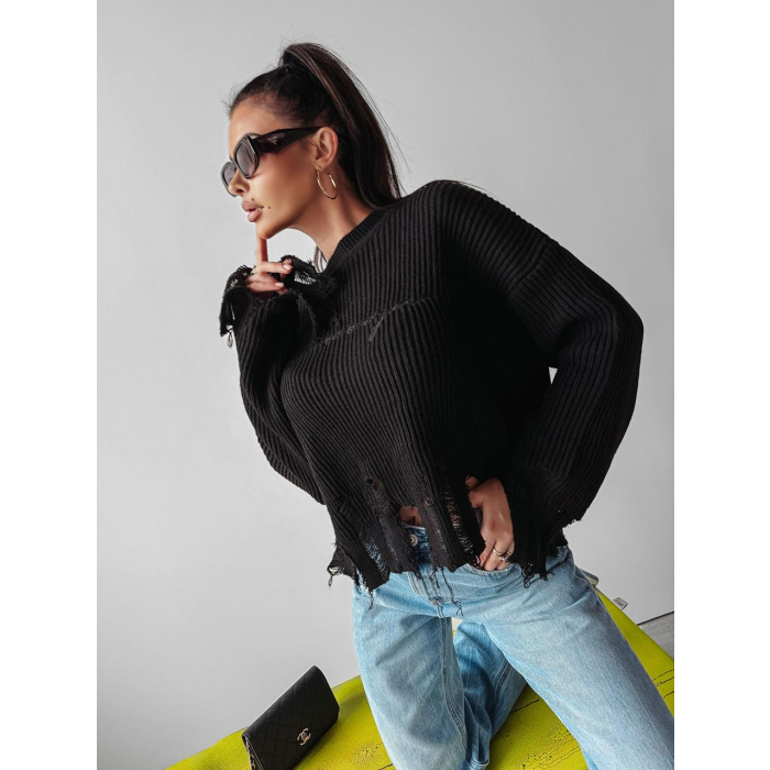 SWETER OVERSIZE SZARPANY DZIURY HAFT OLAVOGA MILEY BLACK