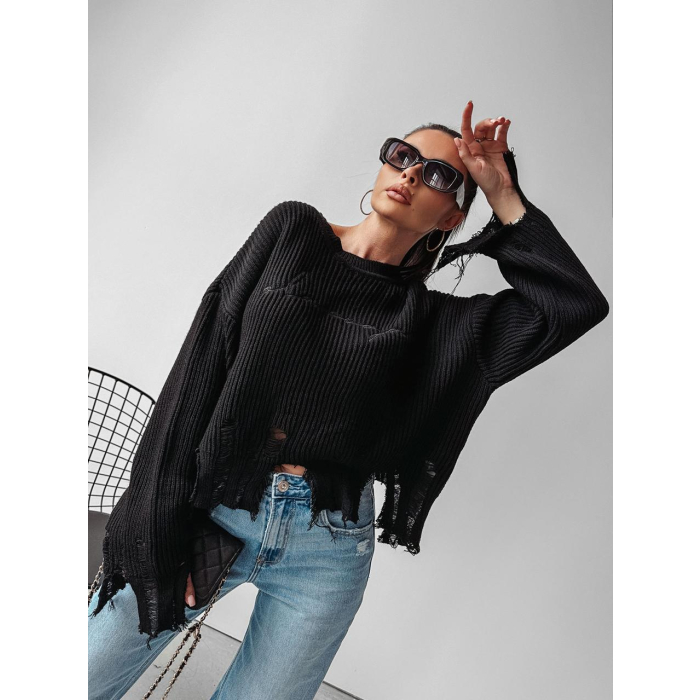 SWETER OVERSIZE SZARPANY DZIURY HAFT OLAVOGA MILEY BLACK