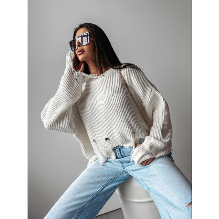 SWETER OVERSIZE SZARPANY DZIURY HAFT OLAVOGA MILEY ECRU
