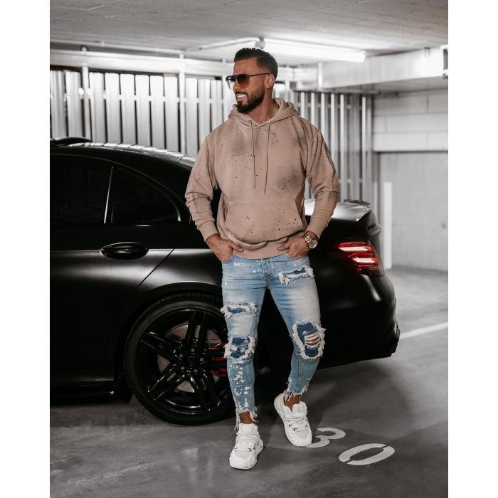 BLUZA MĘSKA BAWEŁNIANA OVERSIZE CHLAPANA FARBĄ OLAVOGA MEN BLADE BEIGIE