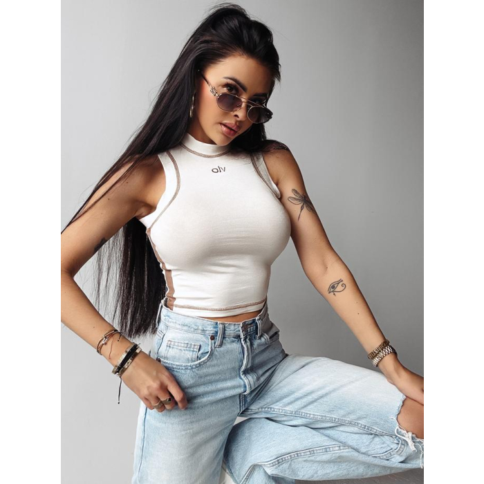 BLUZKA TOP DAMSKI Z WISKOZY BASIC OLAVOGA LYON ECRU