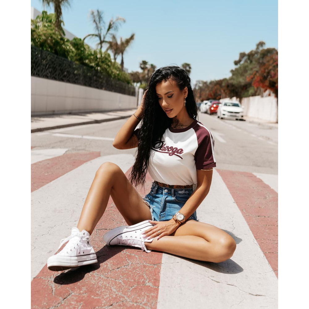 BLUZKA T-SHIRT DAMSKI LAMÓWKA LAMPAS OLAVOGA BOLD & BASIC ECRU-BURGUND