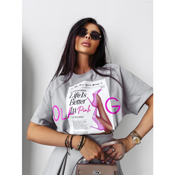 BLUZKA T-SHIRT DAMSKI OVERSIZE PRINT OLAVOGA CHERISH GRAY