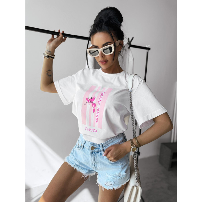 BLUZKA T-SHIRT DAMSKI PRINT RÓŻOWA PANTERA OLAVOGA CONTROL WHITE