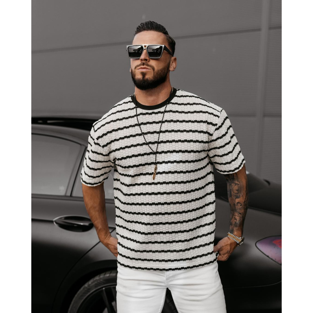 BLUZKA T-SHIRT MĘSKI OVERSIZE DZIANINOWY OLAVOGA MEN STRIP ECRU BLACK