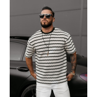 BLUZKA T-SHIRT MĘSKI OVERSIZE DZIANINOWY OLAVOGA MEN STRIP ECRU BLACK