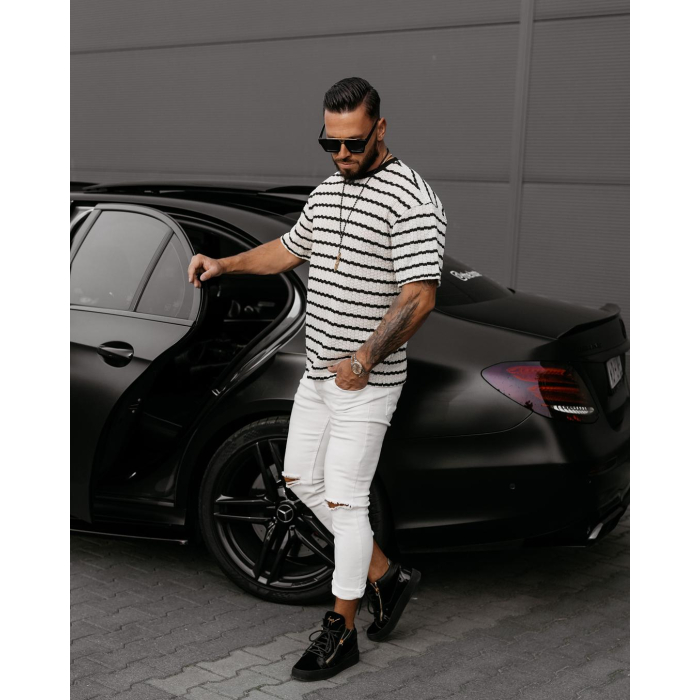 BLUZKA T-SHIRT MĘSKI OVERSIZE DZIANINOWY OLAVOGA MEN STRIP ECRU BLACK