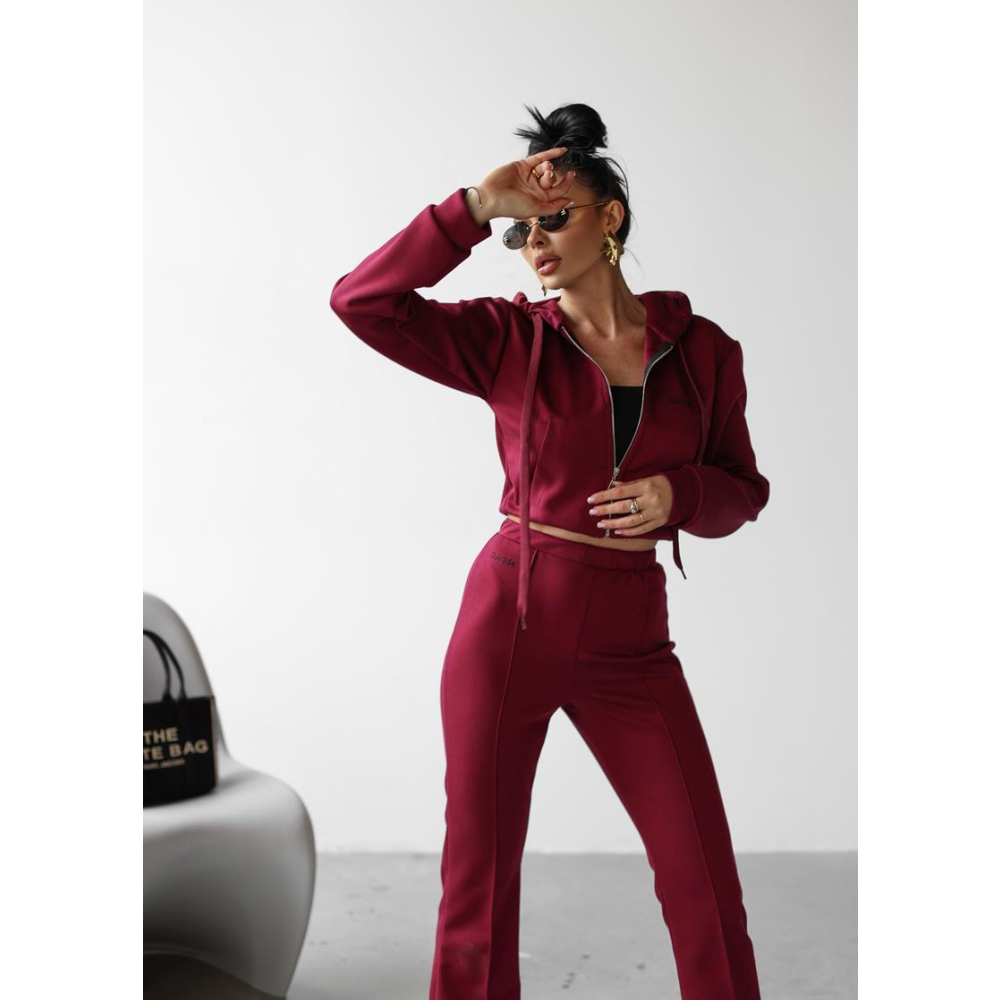 KOMPLET DRES BLUZA Z KAPTUREM NA ZAMEK HAFT OLAVOGA TUTO BORDO