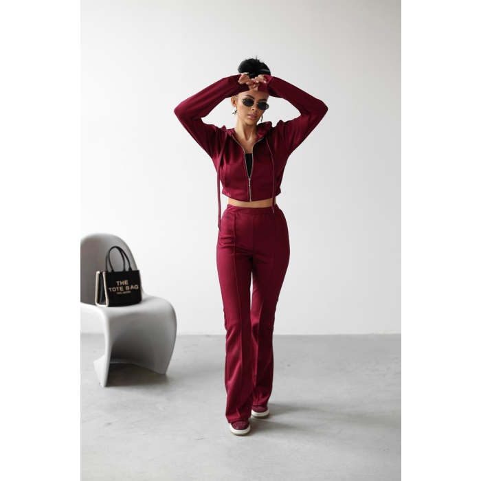 KOMPLET DRES BLUZA Z KAPTUREM NA ZAMEK HAFT OLAVOGA TUTO BORDO