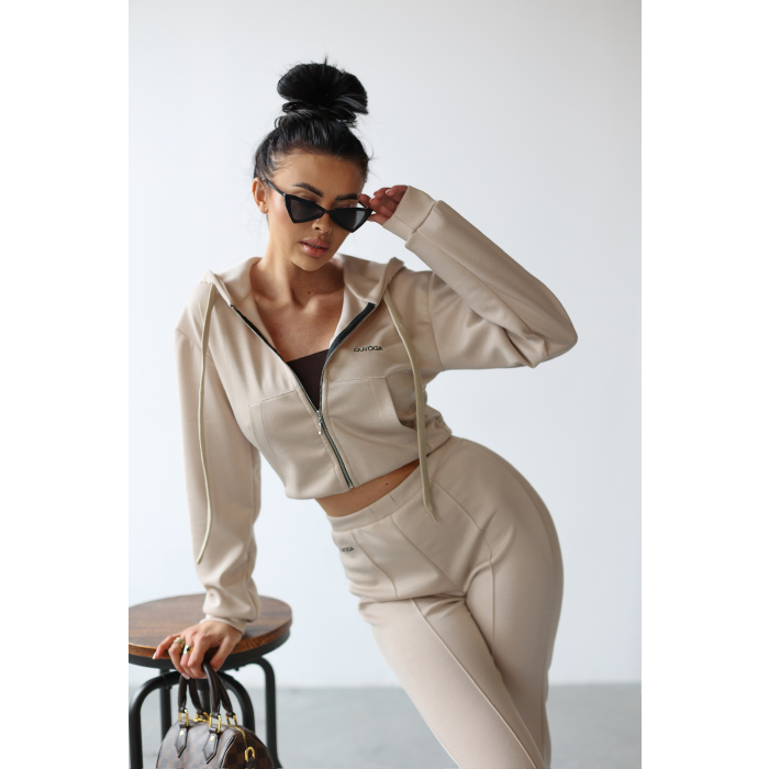 KOMPLET DRES BLUZA Z KAPTUREM NA ZAMEK HAFT OLAVOGA TUTO BEIGIE