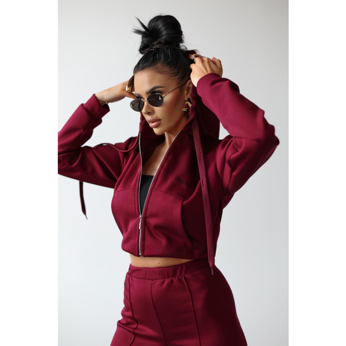 KOMPLET DRES BLUZA Z KAPTUREM NA ZAMEK HAFT OLAVOGA TUTO BORDO