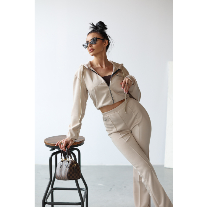 KOMPLET DRES BLUZA Z KAPTUREM NA ZAMEK HAFT OLAVOGA TUTO BEIGIE