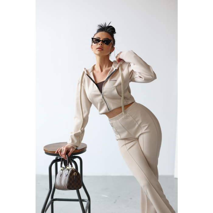 KOMPLET DRES BLUZA Z KAPTUREM NA ZAMEK HAFT OLAVOGA TUTO BEIGIE