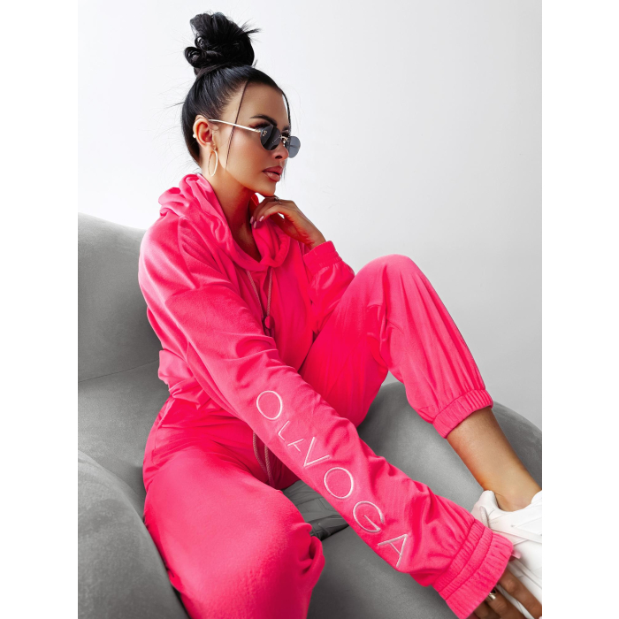 KOMPLET DRES DAMSKI WELUROWY 3D HAFT OLAVOGA LAGOS NEON PINK