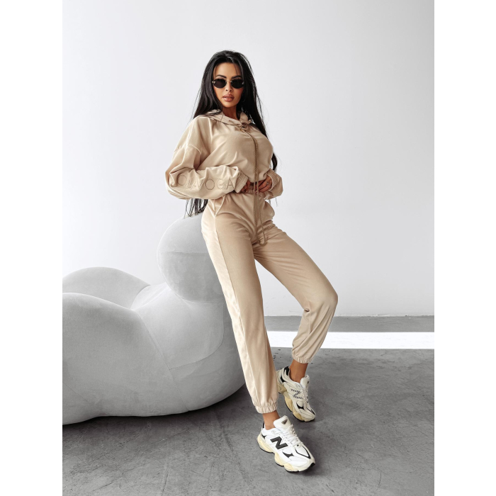 KOMPLET DRES DAMSKI WELUROWY 3D HAFT OLAVOGA LAGOS BEIGE