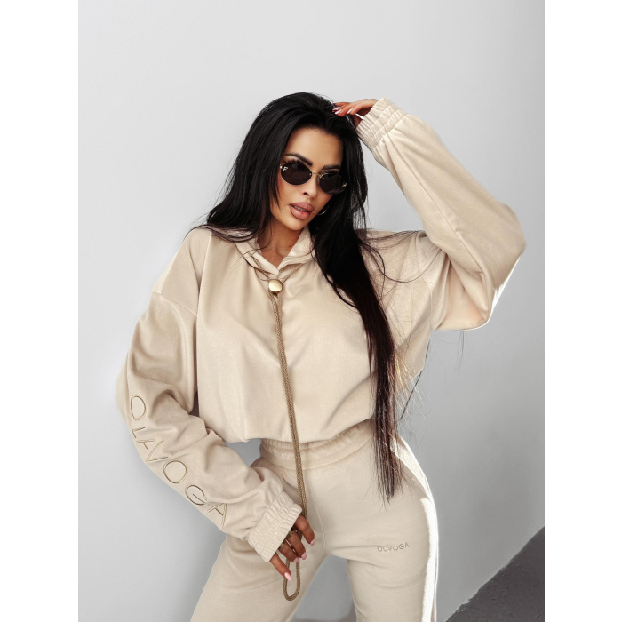 KOMPLET DRES DAMSKI WELUROWY 3D HAFT OLAVOGA LAGOS BEIGE
