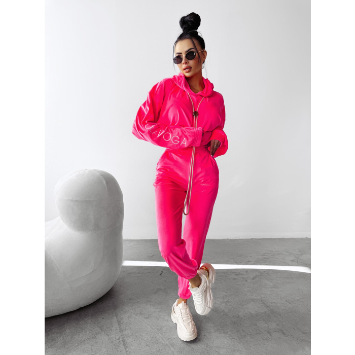 KOMPLET DRES DAMSKI WELUROWY 3D HAFT OLAVOGA LAGOS NEON PINK