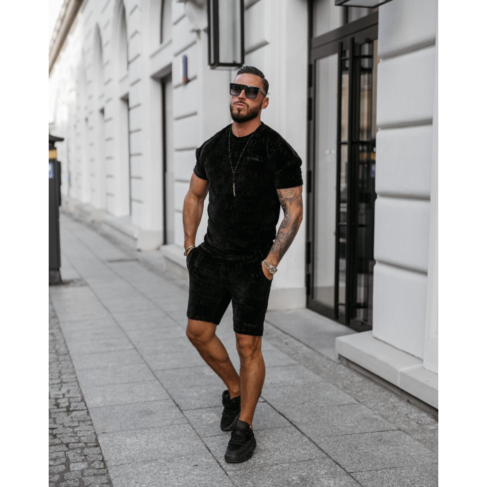 KOMPLET MĘSKI WELUROWY LOGOWANY Z KRÓTKIMI SPODENKAMI OLAVOGA MEN ETENI BLACK