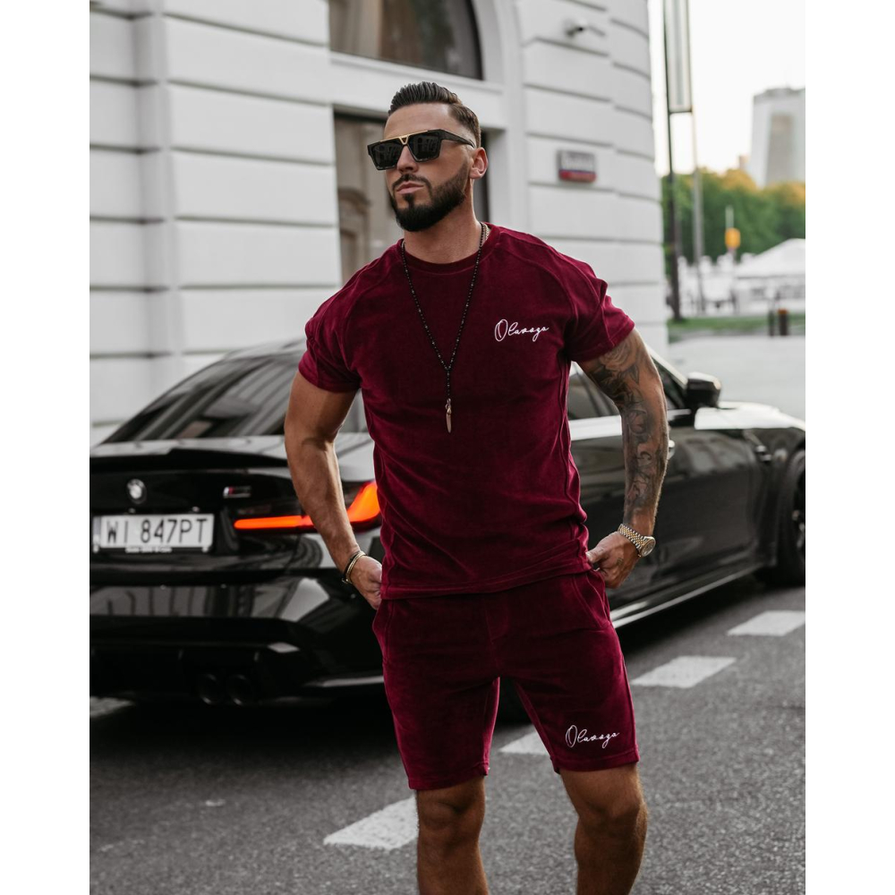 KOMPLET MĘSKI WELUROWY Z KRÓTKIMI SPODENKAMI OLAVOGA MEN NIGHT THREAD BORDO