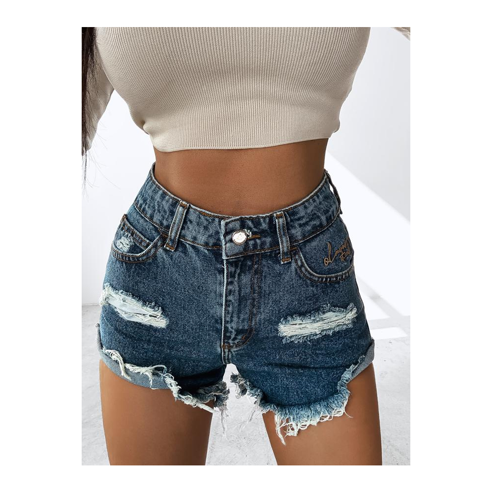 SPODENKI JEANSOWE SZARPANE HAFT OLAVOGA GREASE BLUE
