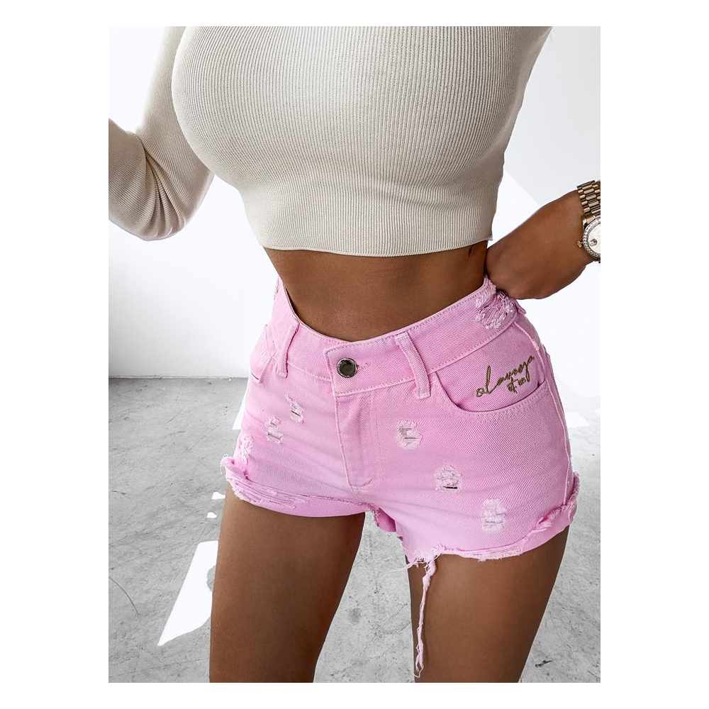SPODENKI JEANSOWE SZARPANE HAFT OLAVOGA GREASE PINK