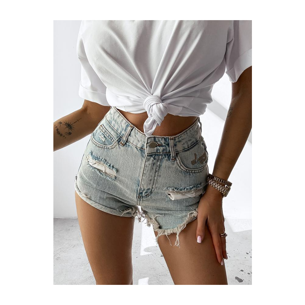 SPODENKI JEANSOWE SZARPANE HAFT OLAVOGA GREASE LIGHT BLUE