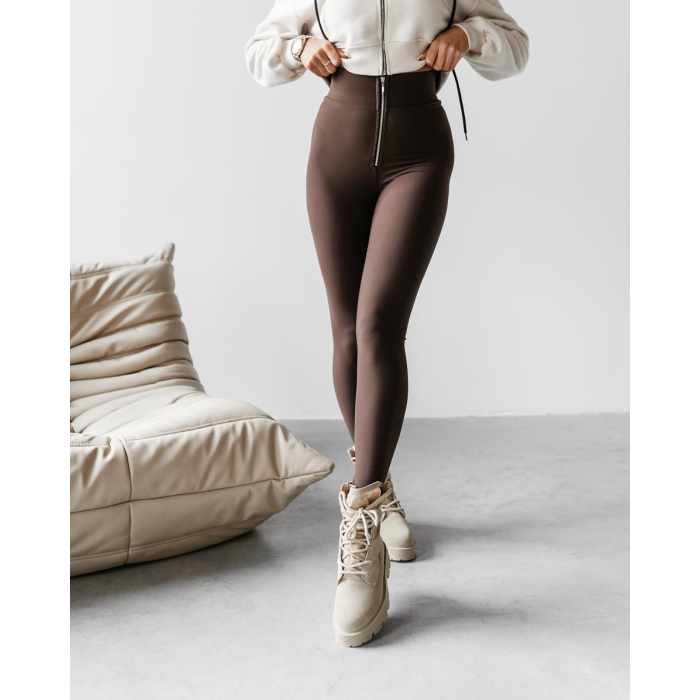 SPODNIE LEGGINSY PRĄŻKOWANE NA ZAMEK HAFT OLAVOGA MALLERA BROWN