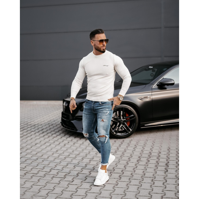 SWETER MĘSKI SLIM HAFT OLAVOGA YUZA ECRU