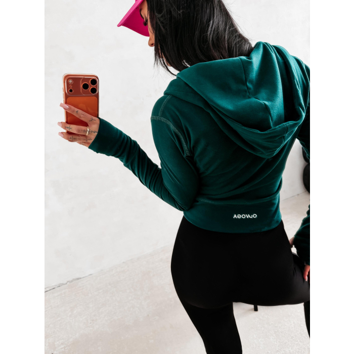 BLUZA DAMSKA SLIM NA ZAMEK Z KAPTUREM OLAVOGA EMERA DEEP GREEN