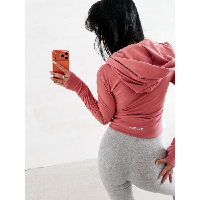 BLUZA DAMSKA SLIM NA ZAMEK Z KAPTUREM OLAVOGA EMERA CORAL PINK