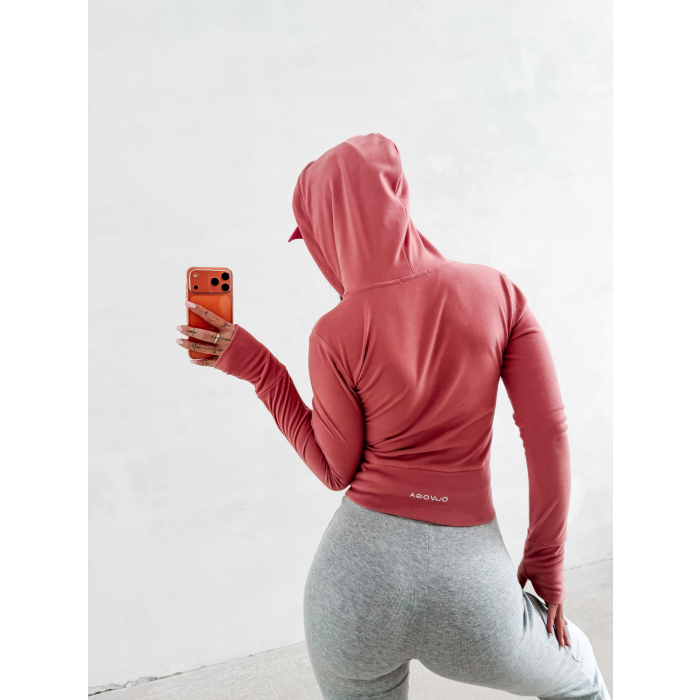 BLUZA DAMSKA SLIM NA ZAMEK Z KAPTUREM OLAVOGA EMERA CORAL PINK