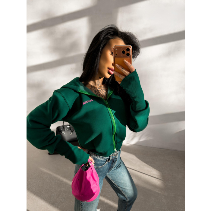 BLUZA DAMSKA Z KAPTUREM NA ZAMEK OLAVOGA LUMINK DEEP GREEN