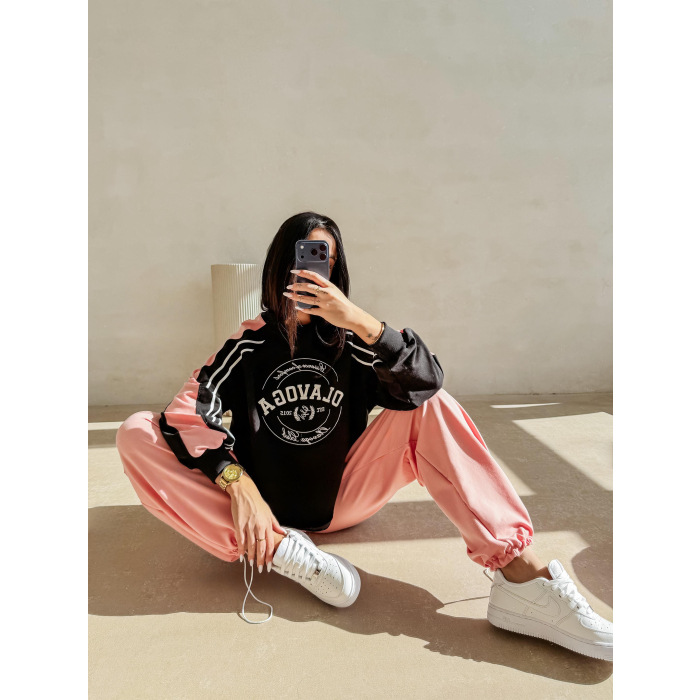 BLUZA DRESOWA BAWEŁNIANA DAMSKA OLAVOGA DELORA BLACK-CORAL PINK