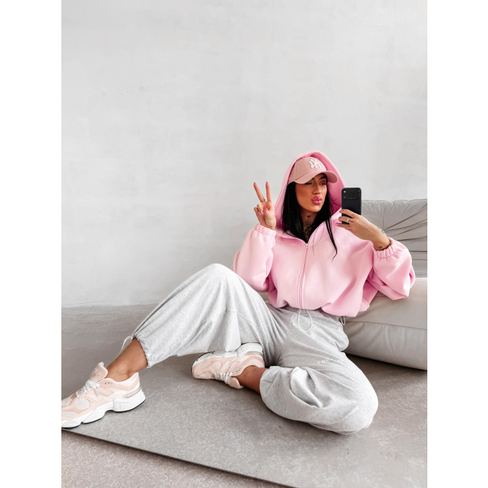 BLUZA DRESOWA BAWEŁNIANA DAMSKA Z KAPTUREM NA ZAMEK OLAVOGA LASANA PINK