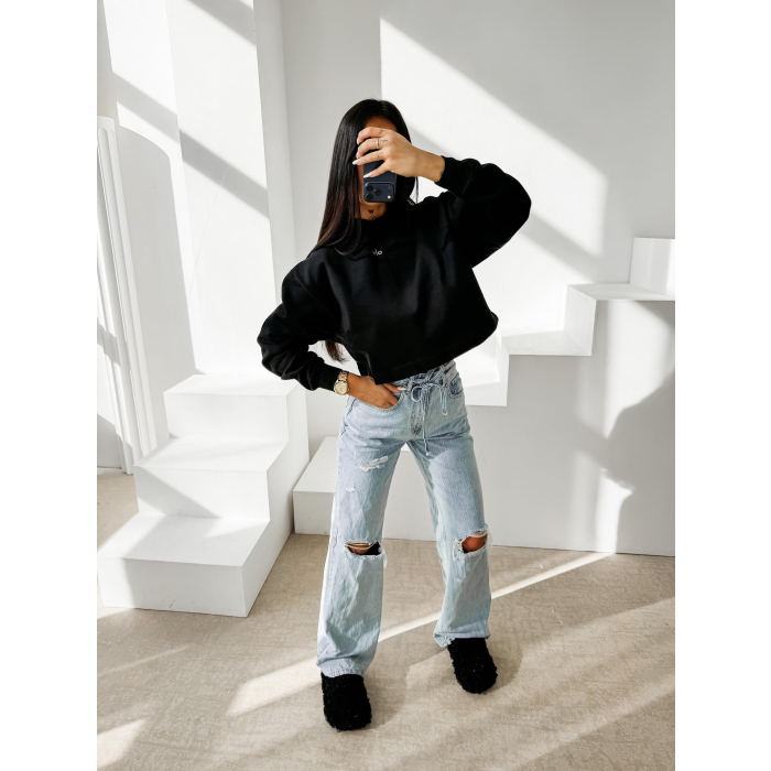 BLUZA DRESOWA BAWEŁNIANA DAMSKA Z KAPTUREM OLAVOGA APERIO BLACK