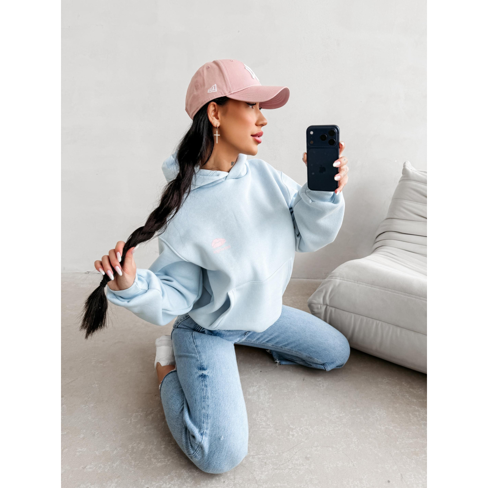 BLUZA DRESOWA BAWEŁNIANA DAMSKA Z KAPTUREM USTA OLAVOGA LUCKY MINDSET BABY BLUE
