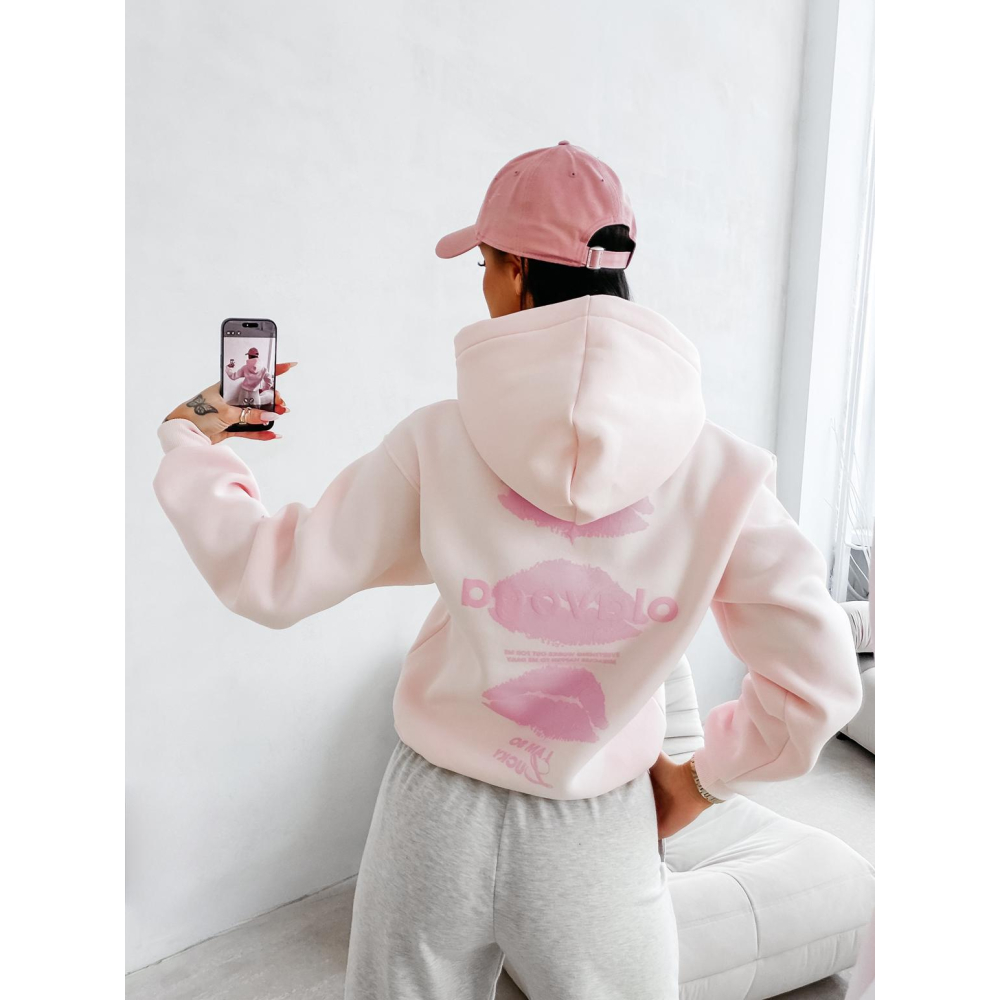 BLUZA DRESOWA BAWEŁNIANA DAMSKA Z KAPTUREM USTA OLAVOGA LUCKY MINDSET LIGHT PINK