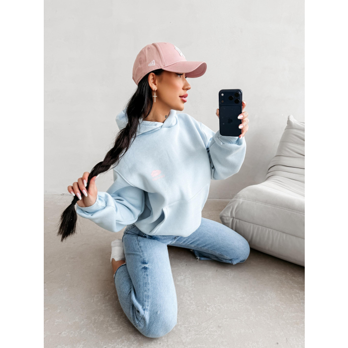 BLUZA DRESOWA BAWEŁNIANA DAMSKA Z KAPTUREM USTA OLAVOGA LUCKY MINDSET BABY BLUE