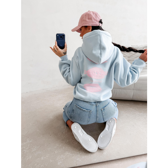 BLUZA DRESOWA BAWEŁNIANA DAMSKA Z KAPTUREM USTA OLAVOGA LUCKY MINDSET BABY BLUE