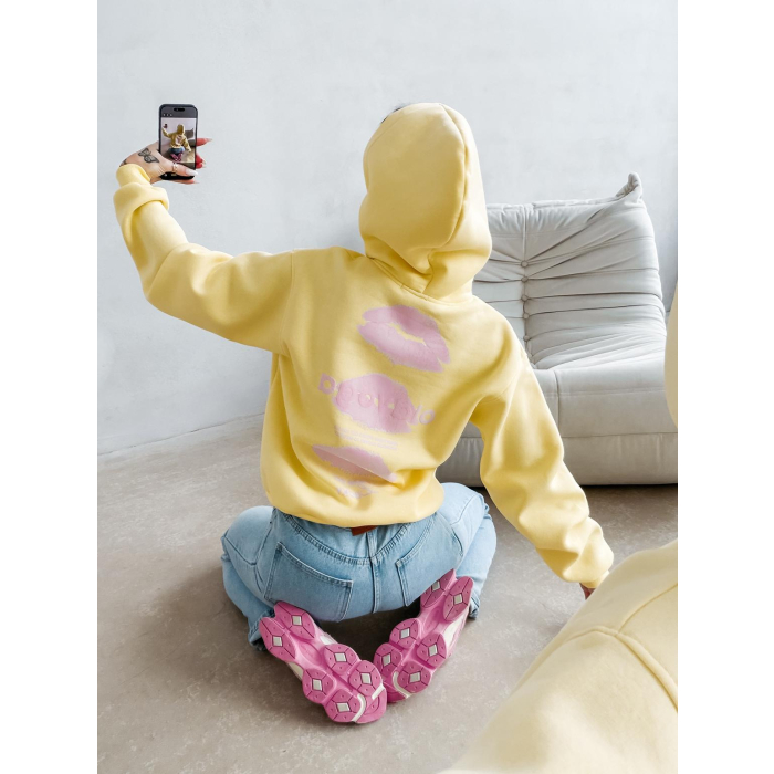 BLUZA DRESOWA BAWEŁNIANA DAMSKA Z KAPTUREM USTA OLAVOGA LUCKY MINDSET NAVY YELLOW