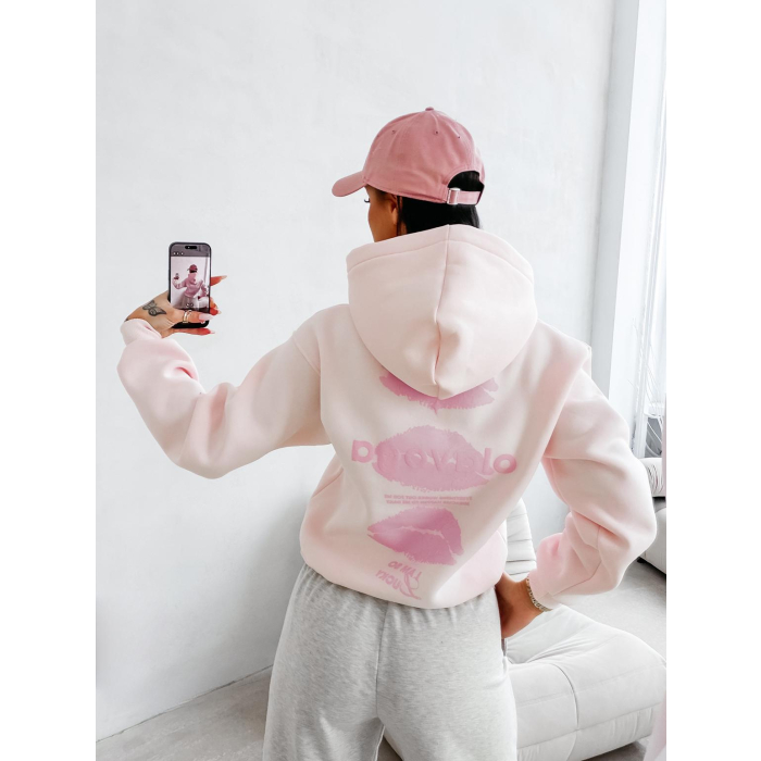 BLUZA DRESOWA BAWEŁNIANA DAMSKA Z KAPTUREM USTA OLAVOGA LUCKY MINDSET LIGHT PINK